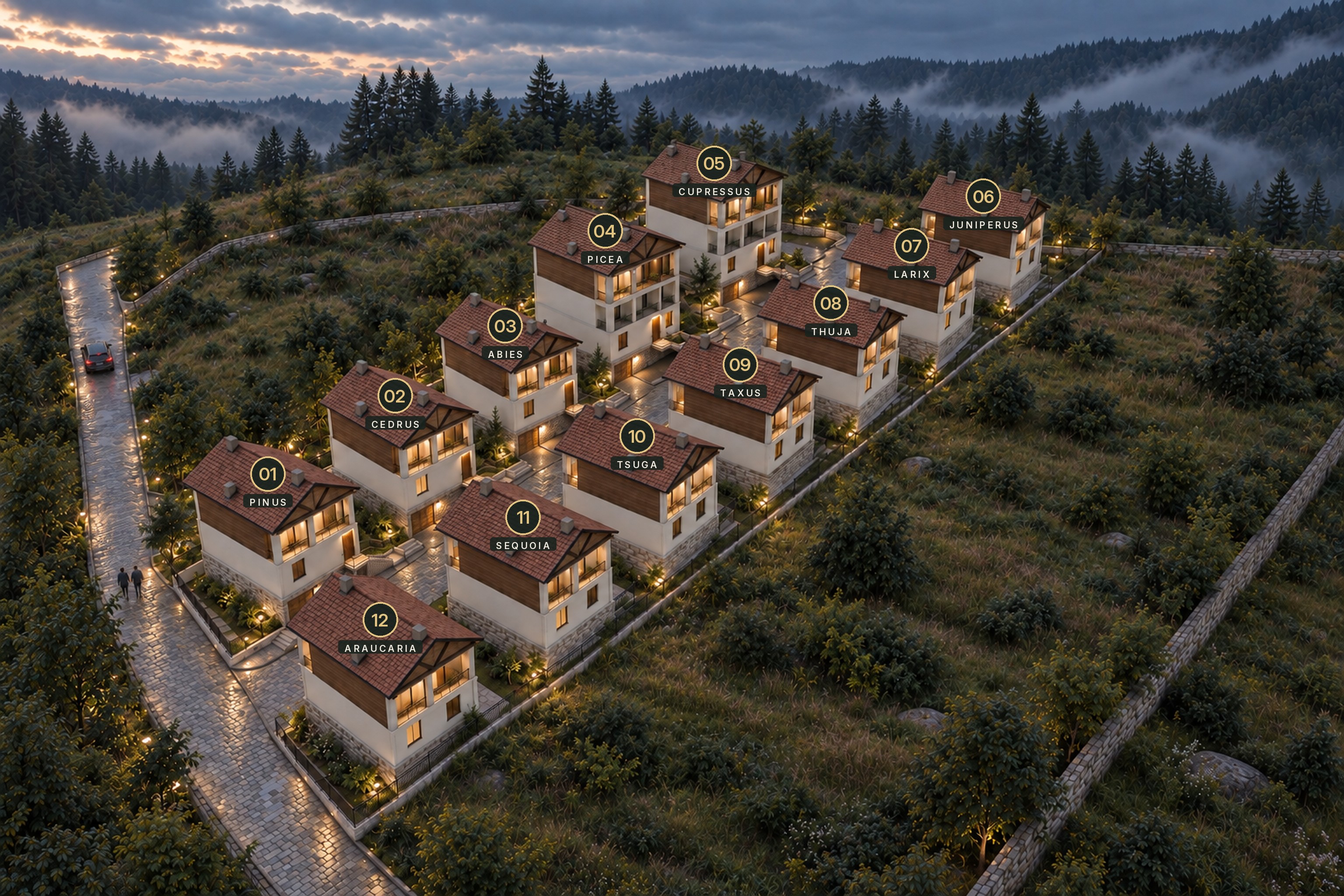 Site plan — all 12 residences, numbered from the entrance
